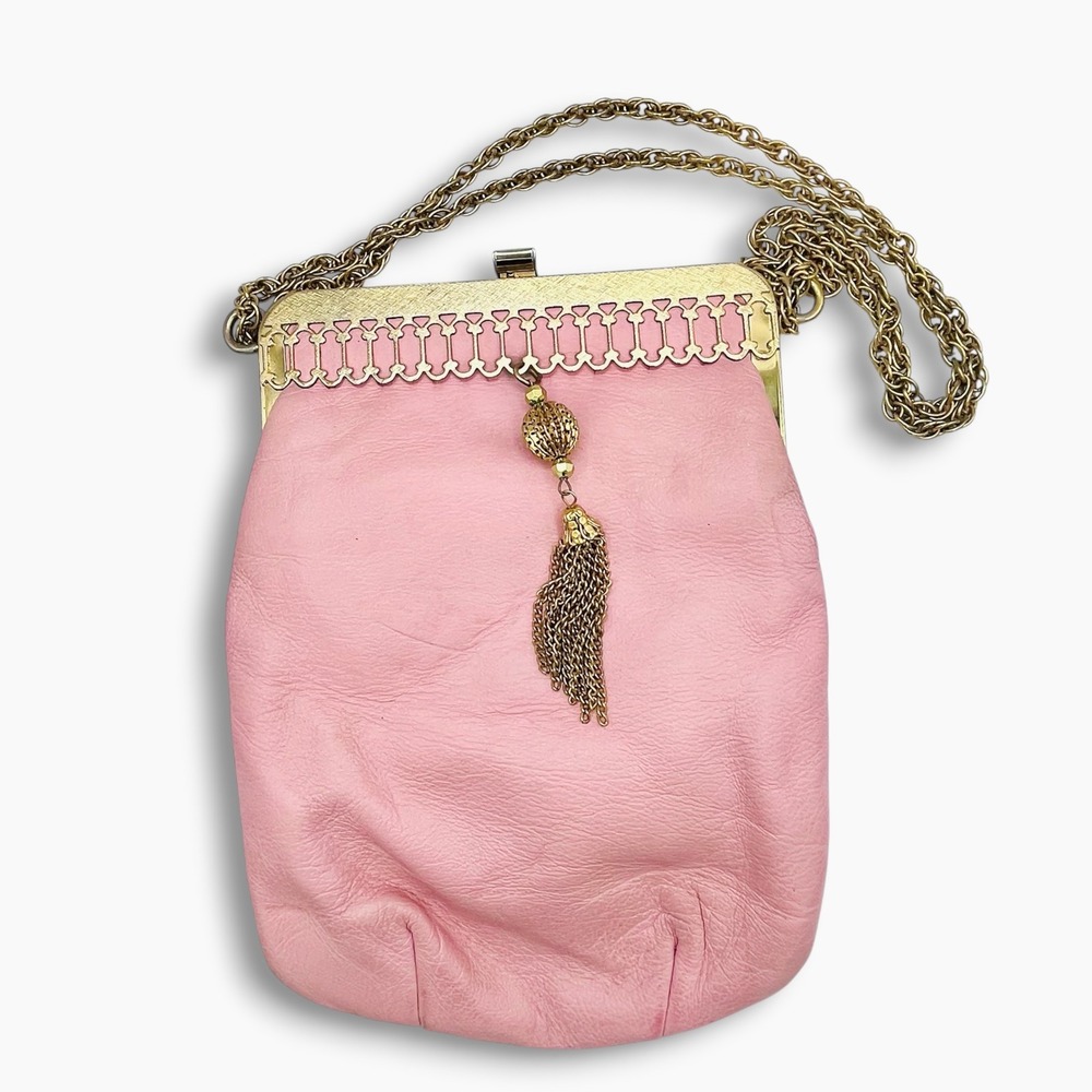 Vintage Triangle New York Pink Leather Evening Bag Gold Tassel Frame Purse